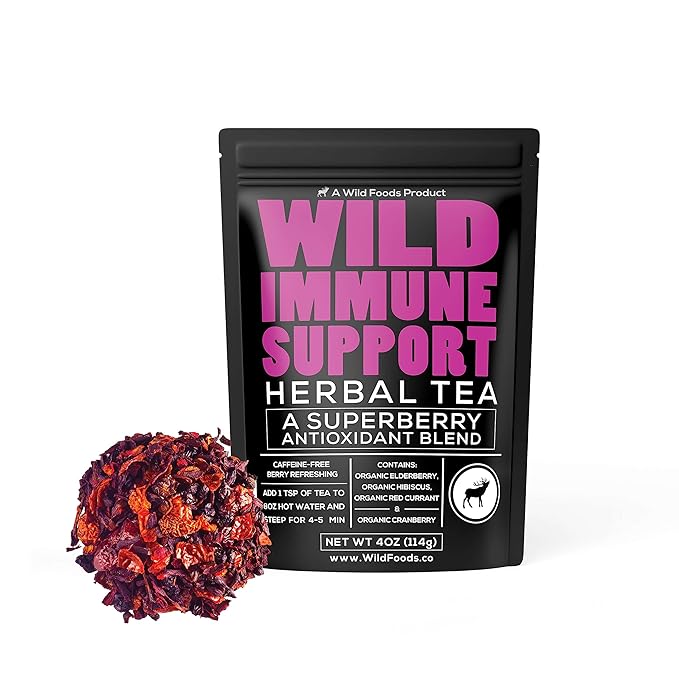 Wild Foods Immune Support Tea | Organic Elderberry, Currant, Hibiscus and Cranberry | Superberry Antioxidant Blend Loose Leaf Herbal Teas | Natural Immunity Boost | (TWO x 4 ounce)