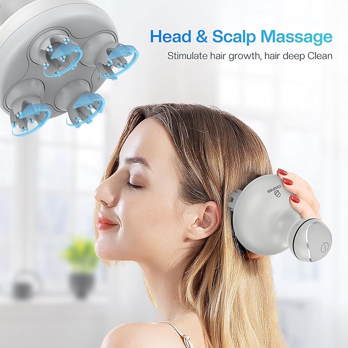 COMFIER Electric Scalp Head Massager with 4 Soft Silicone Massage Heads, Portable Hair Massager for Hair Growth, Relieve Stress, Head Scratcher for Deep Relaxation, Dog Cat Massager, Gray