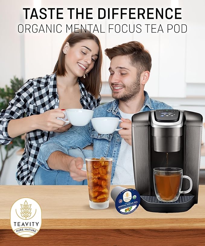 Teavity Organic Mental Focus Tea Pods (24 Count) - Moringa, Peppermint, Holy Basil & Turmeric - Naturally Decaf - Keurig Compatible