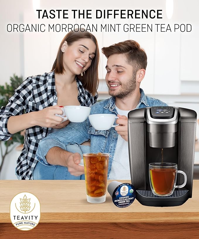 Organic Moroccan Mint Tea and Green Tea Pods for Keurig - Caffeinated Unsweet Tea for K Cup Brewing by Teavity (36 Tea Pods)
