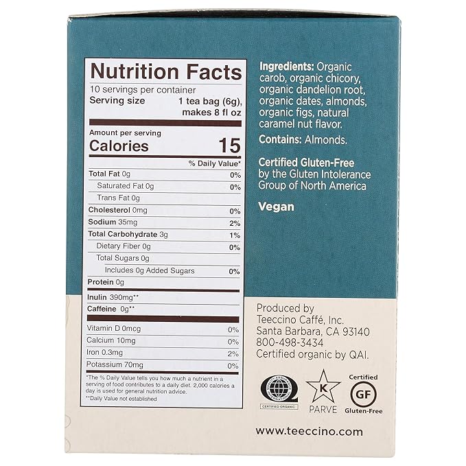 Teeccino Dandelion Caramel Nut Tea - Caffeine Free, Roasted Herbal Tea with Prebiotics, 3x More Herbs than Regular Tea Bags, Gluten Free - 10 Tea Bags (Pack of 4)