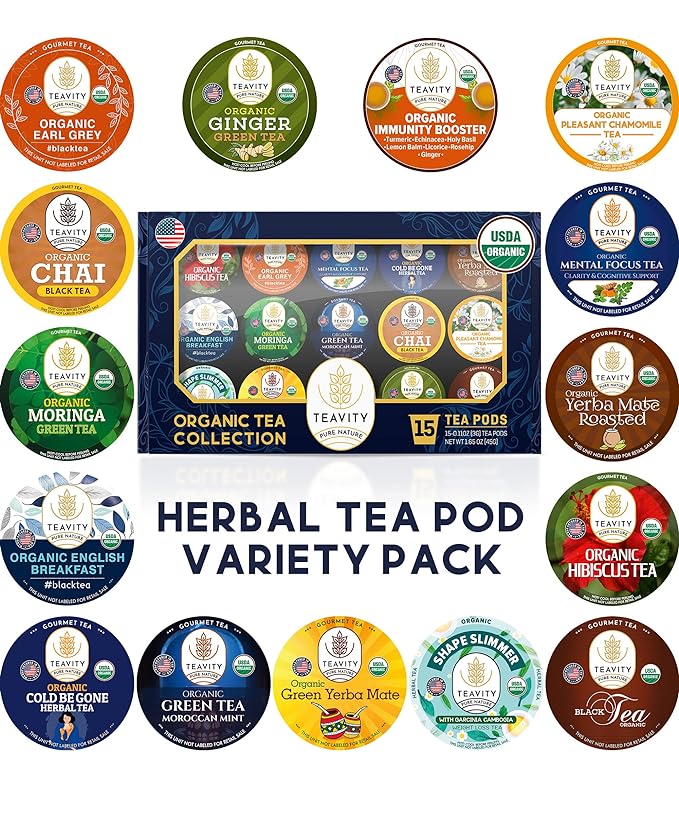 Organic Tea Pods Variety Pack - Assorted Sampler Pack Compatible for Keurig Brewer and Coffee Maker - Earl Grey, English Breakfast, Chai, Chamomile - Herbal Tea Pod for K Cup Keurig Brewing -15 count (Pack of 1) by Teavity