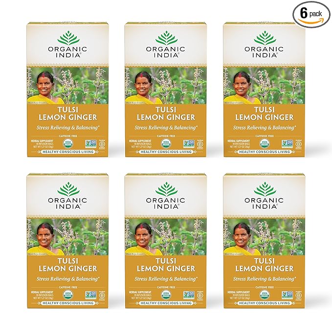 Organic India Tulsi Lemon Ginger Tea Bags - Herbal Tea, Stress Relieving & Reviving, Immune Support, Aids Digestion, Vegan, USDA Certified Organic, Non-GMO, Caffeine-Free - 18 Infusion Bags, 6 Pack