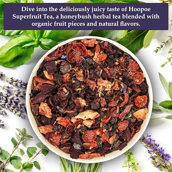 Birdsong Hoopoe Superfruit: Honeybush Herbal Tea, 100% Organic Caffeine Free Tea with Natural Sweet and Fruity Flavor, Honey bush Decaffeinated Loose Leaf for Men Women Children