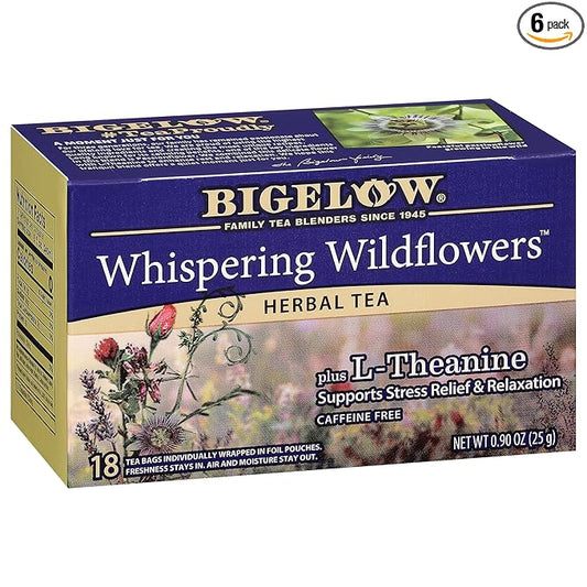 Bigelow Whispering Wildflowers Herbal Tea Plus L-Theanine, Supports Stress Relief & Relaxation, Caffeine-Free, Kosher, Gluten Free & Non-GMO, 18 Tea Bags, 0.9 Ounce (Pack of 6)