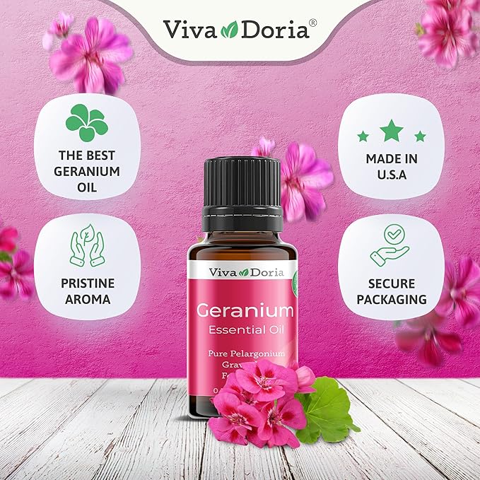 Viva Doria Geranium Essential Oil, 100% Pure, Natural Essential Oil, Undiluted, for Aromatherapy | Food Grade, 15 mL (0.5 Fluid Ounce)