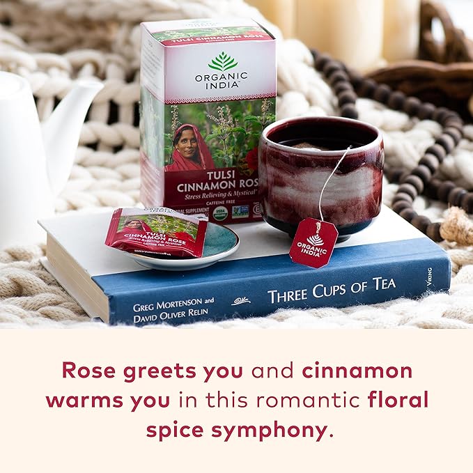 ORGANIC INDIA Tulsi Cinnamon Rose Tea Bags - Tulsi Rose Tea Bags, Cinnamon Tea Bags w/Holy Basil, Chamomile, Caffeine Free - 18 Infusion Bags, 3 Pack