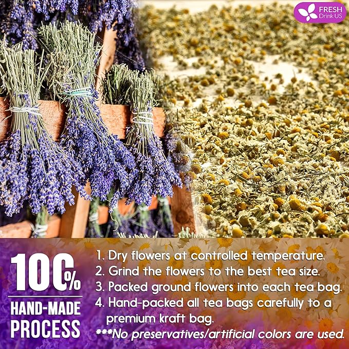 FreshDrinkUS, Premium 60 Chamomile Lavender Tea Bags, 100% Natural Herbal Ingredients, Hand-made Blend of Chamomile Lavender Flowers, Eco-conscious Tea Bags. No Sugar, No Caffeine, No Gluten, Vegan.