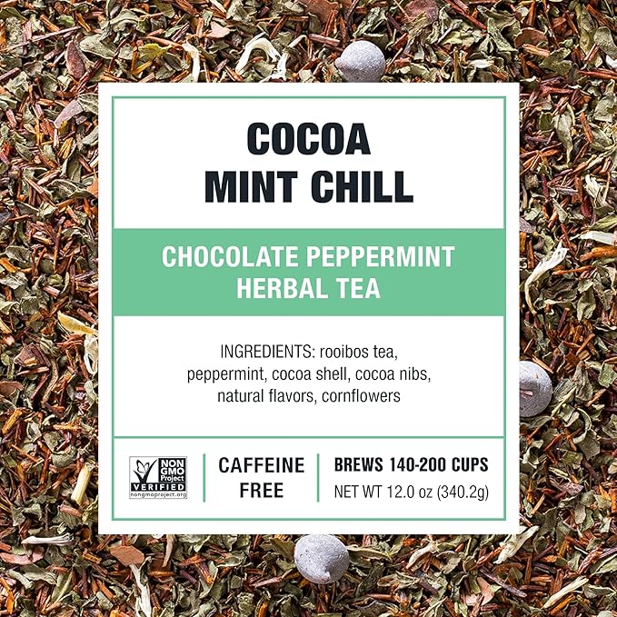 Tiesta Tea - Cocoa Mint Chill | Loose Leaf | Chocolate Peppermint Herbal Tea Blend with Rooibos | Non-Caffeinated | Brew Hot or Iced | Makes Up to 200 Cups | 12 Ounce Resealable Bulk Pouch