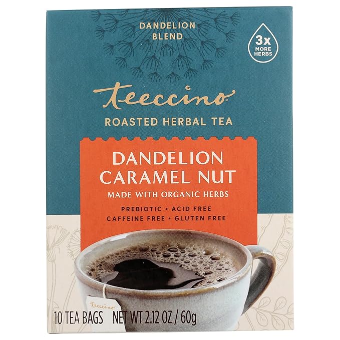 Teeccino Dandelion Caramel Nut Tea - Caffeine Free, Roasted Herbal Tea with Prebiotics, 3x More Herbs than Regular Tea Bags, Gluten Free - 10 Tea Bags (Pack of 4)
