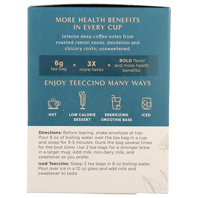Teeccino Dandelion Dark Roast Tea - Caffeine Free, Organic, Roasted Herbal Tea with Prebiotics, 3x More Herbs than Regular Tea Bags - Gluten-Free, Acid-Free Coffee Alternative - 10 Tea Bags