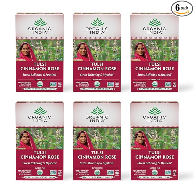 ORGANIC INDIA Tulsi Cinnamon Rose Tea Bags - Tulsi Rose Tea Bags, Cinnamon Tea Bags with Holy Basil, Chamomile, Stevia, USDA Certified Organic Caffeine Free Herbal Tea - 18 Infusion Bags, 6 Pack