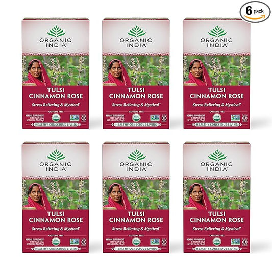 ORGANIC INDIA Tulsi Cinnamon Rose Tea Bags - Tulsi Rose Tea Bags, Cinnamon Tea Bags with Holy Basil, Chamomile, Stevia, USDA Certified Organic Caffeine Free Herbal Tea - 18 Infusion Bags, 6 Pack