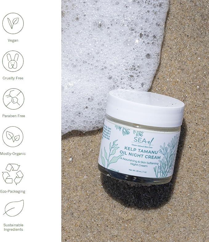 Kelp Tamanu Oil Night Cream Hydrating Face Moisturizer Reparative Skin Softening Skincare - Nighttime Anti Aging Facial Lotion for Women & Men - 1 Oz