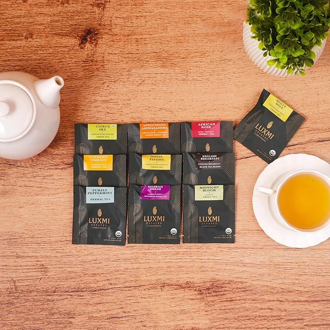 Luxmi Estates - Assortment Pack (60 tea bags *2g each)| 120g pack | Valerian Dream, Midnight Bloom, Turmeric Timeout, Astounding Ashwagandha, Purely Peppermint, Citrus Sky, Minty Mile, African Rose, Indian Passion
