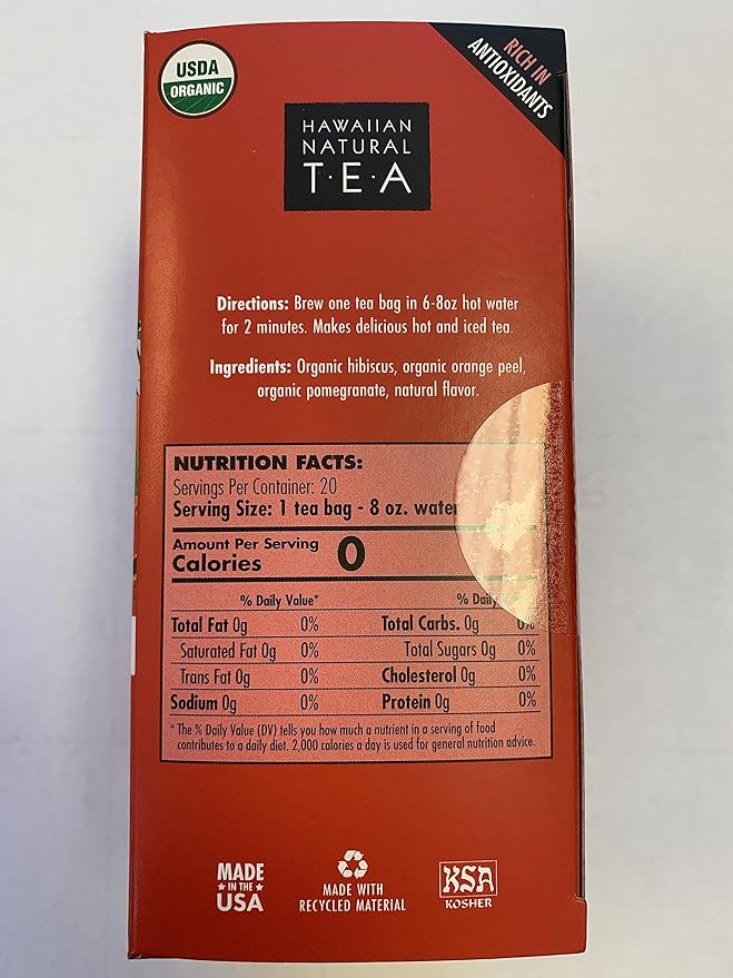 Hawaiian Natural Tea - Organic Hibiscus Bliss Herbal Tea, Caffeine-Free Hibiscus Tea, All-Natural and Antioxidant-Rich Wellness Tea, Vegan and Keto-Friendly, 60 Tea Bags