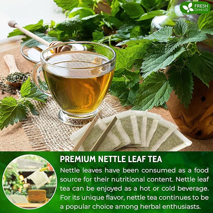 FreshDrinkUS, Premium 75 Nettle Leaf Tea Bags, 100% Natural & Pure from Nettle Leaves. Loose Leaf Nettle Herbal Tea. Nettle Leaf Tea. No Sugar, No Caffeine, No Gluten, Vegan.