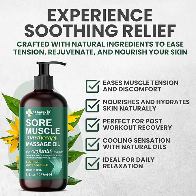 Sore Muscle Massage Oil with Arnica, Tea Tree & Eucalyptus Oils, Massage Oil for Massage Therapy, Muscle Relief, Relaxation, Tension & Skin Softening for Professional & Home Use (Pack of 1)