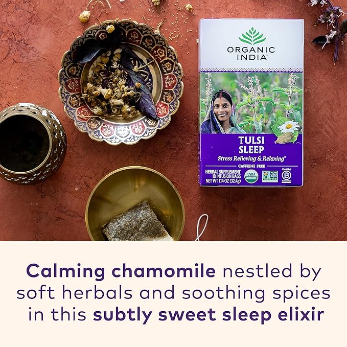 ORGANIC INDIA Tulsi Sleep Herbal Tea - Holy Basil, Ashwagandha, Chamomile, Night Time Tea for Bedtime, Stress Relieving & Relaxing, Immune Support, USDA Certified Organic - 18 Infusion Bags, 3 Pack