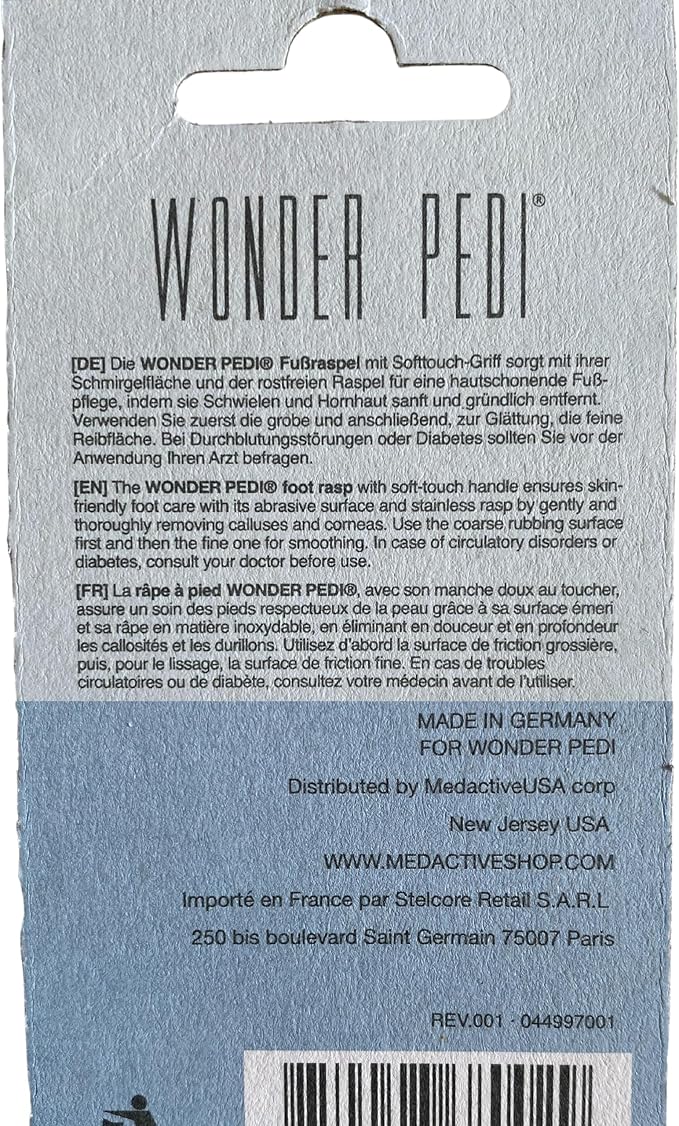 Made in Germany Double Sided Foot File Callus Remover, Stainless Steel and Emery Sides Feet Scrubber, Professional Pedicure Foot Care Tool Rasp, Long Lasting Foot Buffer, Heel Scraper, Wonder Pedi