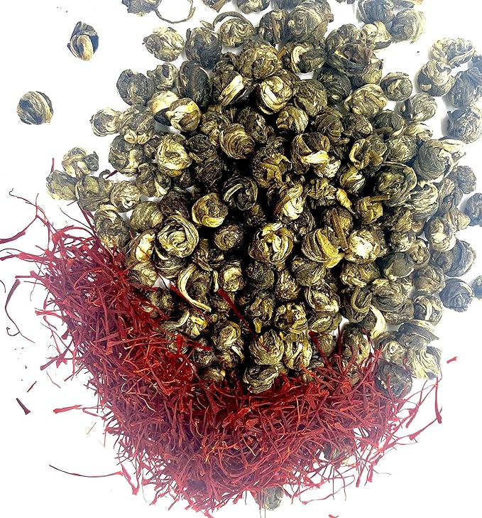 FIRE TEAS Imperial Jasmine Dragon Pearls Tea with Saffron - Rolled Green Tea Pearls, Delicious, Strong Aroma & Taste