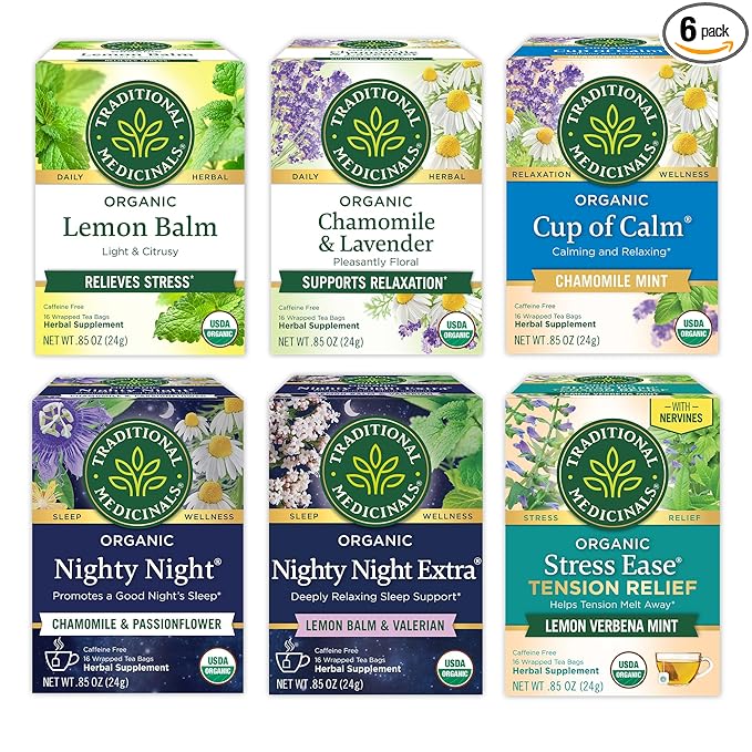 Traditional Medicinals Organic Herbal Tea Variety Pack for Stress and Sleep Support, 6 Flavors, Lavender, Chamomile, Lemon & Valerian Root, 96 Tea Bags, (6 Pack)