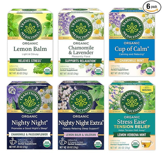 Traditional Medicinals Organic Herbal Tea Variety Pack for Stress and Sleep Support, 6 Flavors, Lavender, Chamomile, Lemon & Valerian Root, 96 Tea Bags, (6 Pack)