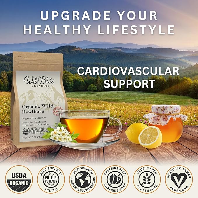 Wild Bliss Organic Hawthorn Tea - Caffeine Free Loose Leaf and Flower Herbal Tea - Pharmacopoeia Potency - 100 Servings