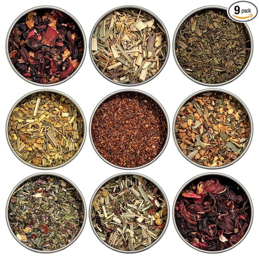 Heavenly Tea Leaves Organic Loose Leaf Herbal Tea Sampler (Approx. 90 Cups of Tea), 9 Naturally Caffeine Free Tisanes - Great Hot or Iced, Mother's Day Gifts for Mom, Health & Immune Support