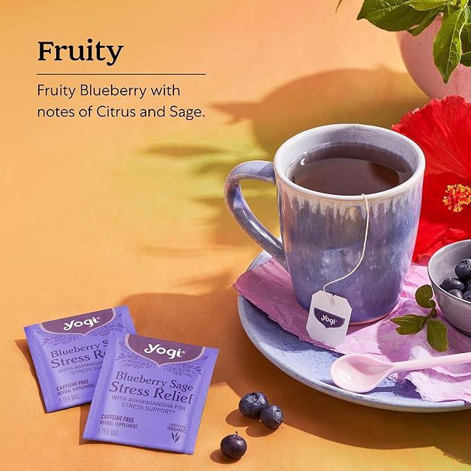 Yogi Tea Blueberry Sage Stress Relief - 16 Tea Bags per Pack (4 Packs) - Relaxing, Calming Tea to Support Stress Response - Includes Ashwagandha, Blueberry, Sage, Hibiscus & More