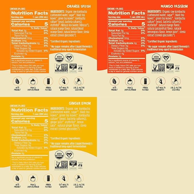 Liquid Remedy Kombucha Sugar Free Organic Drink, Low Calorie, Probiotic Like Tea for Gut Health - Tropical Trio Variety Pack - 8.5 Fl Oz Can, 12-Pack