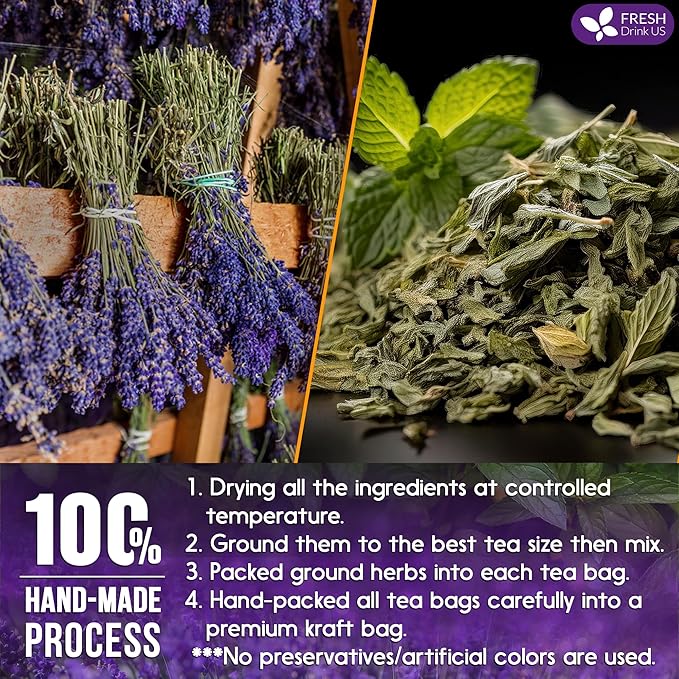 FreshDrinkUS, Premium 75 Tea Bags Lavender Mint Tea, 100% Natural, Blend of Lavender, Peppermint, Sage and Licorice. Made with Natural Material Tea Bags. No Sugar, No Caffeine, Vegan.