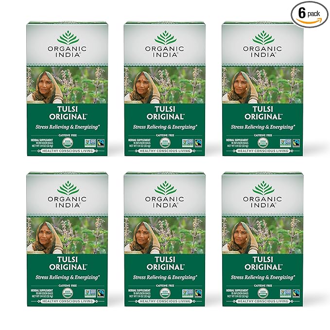 ORGANIC INDIA Tulsi Original Herbal Tea - Holy Basil and African Basil Calming and Stress Relief Tea, Immune Support, USDA Certified Organic, Non-GMO, Caffeine-Free - 18 Infusion Bags, 6 Pack