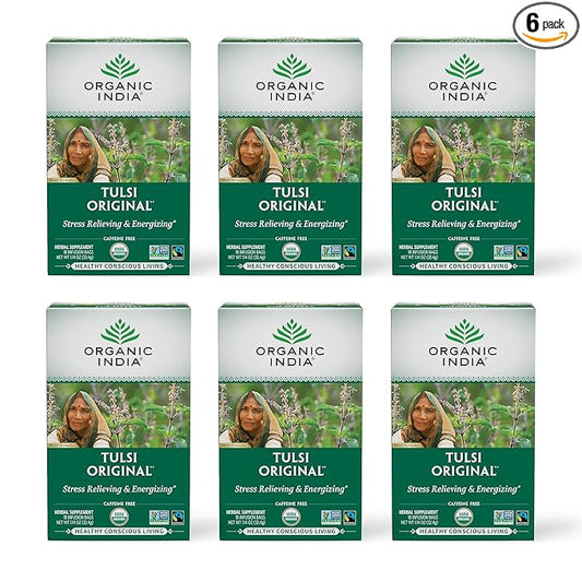 ORGANIC INDIA Tulsi Original Herbal Tea - Holy Basil and African Basil Calming and Stress Relief Tea, Immune Support, USDA Certified Organic, Non-GMO, Caffeine-Free - 18 Infusion Bags, 6 Pack