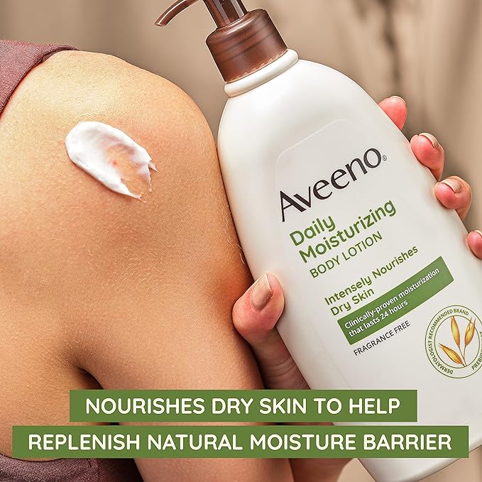 Aveeno Daily Moisturizing Body Lotion with Soothing Prebiotic Oat, Gentle Lotion Nourishes Dry Skin With Moisture, Paraben-, Dye- & Fragrance-Free, Non-Greasy & Non-Comedogenic, 12 fl. Oz (Pack of 2)