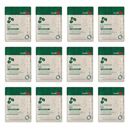 Soo'AE Hanbang Mask Cica [12 Count] Best For Dry & Dehydrated Skin, Vegan, 10 Traditional Herb Extracts, Soothing & Calming, Premium Quality, Korean Skincare, Self Home Care, 12 Value Pack