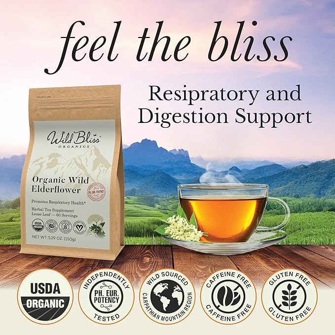 Wild Bliss Organic Elderflower Tea – Immune and Respiratory Support - Caffeine Free Loose Leaf Elder Flowers - 5.29 Ounces - 60 Servings