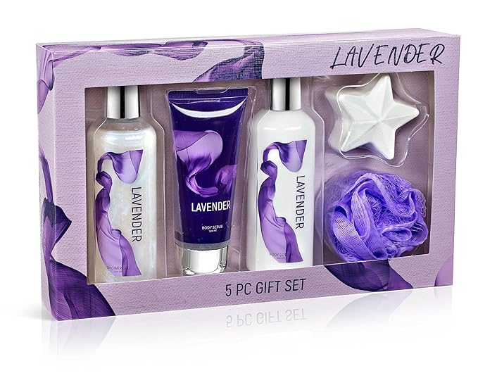 Freida & Joe Fragrance Bath & Body Collection Gift Box, Includes Shower Gel, Body Lotion, Body Scrub, Bath Bomb & Sponge (Lavender)