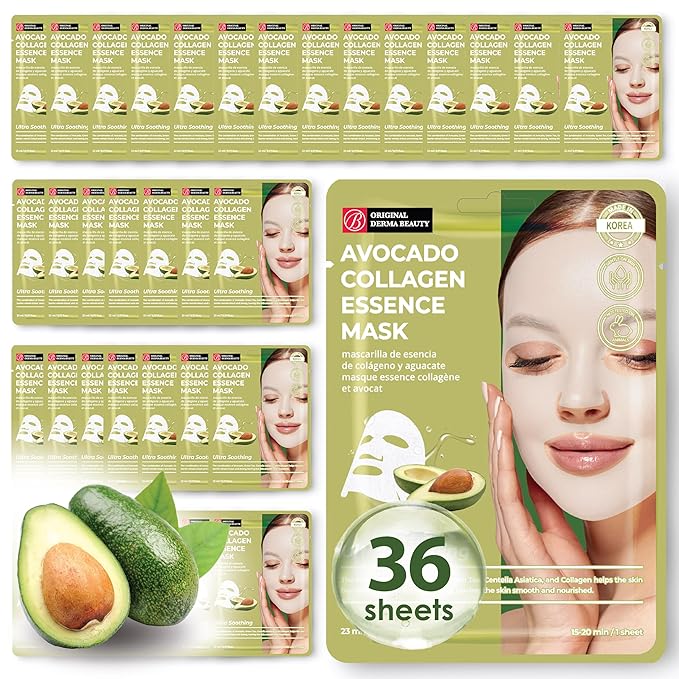 Original Derma Beauty Collagen Face Masks 36 PK Vegan Ultra Moisturizing Face Masks Skincare Sheet Masks Set for Beauty & Personal Care Korean Face Mask (Avocado)