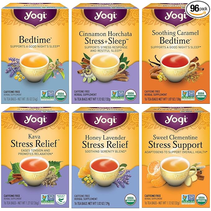 Yogi Tea Stress Relief & Herbal Variety Sampler - 16 Bags per Pack (6 Packs) - Organic Herbal Tea Sampler - Includes Bedtime, Kava Stress Relief, Soothing Caramel Bedtime & More