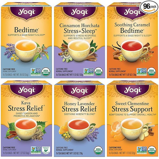Yogi Tea Stress Relief & Herbal Variety Sampler - 16 Bags per Pack (6 Packs) - Organic Herbal Tea Sampler - Includes Bedtime, Kava Stress Relief, Soothing Caramel Bedtime & More