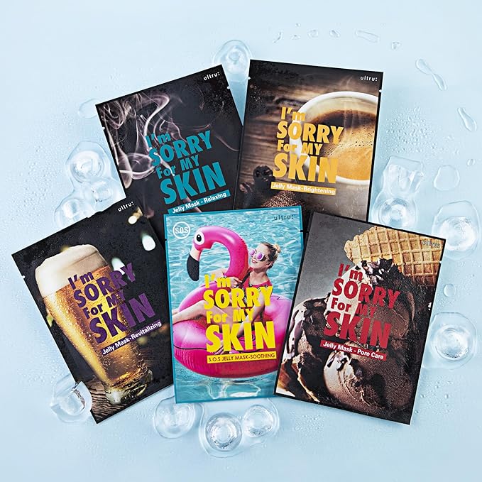 I'M SORRY FOR MY SKIN Jelly Mask Full Set for Skin Stress Relief, Korean Skin Care Travel Essentials Kit, K-Beauty Hydrating Face Mask Sheets, Gifts for Women (Pack of 5)