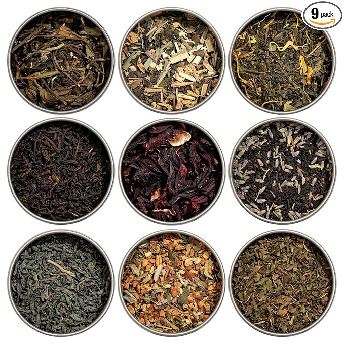 Heavenly Tea Leaves Organic Assorted 9 Loose Leaf Tea Gift Box (Approx. 90 Cups of Tea), Sampler Set of 9 Teas & Herbal Tisanes - Great Hot or Iced, High to No Caffeine, Mother's Day Gifts for Mom