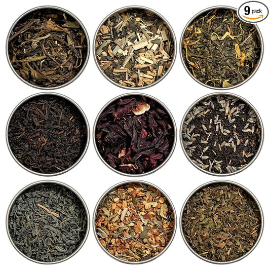 Heavenly Tea Leaves Organic Assorted 9 Loose Leaf Tea Gift Box (Approx. 90 Cups of Tea), Sampler Set of 9 Teas & Herbal Tisanes - Great Hot or Iced, High to No Caffeine, Mother's Day Gifts for Mom