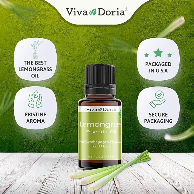 Viva Doria Lemongrass Essential Oil, 100% Pure, Natural Lemongrass Essential Oil, Undiluted, for Aromatherapy | Food Grade, 15 mL (0.5 Fluid Ounce)