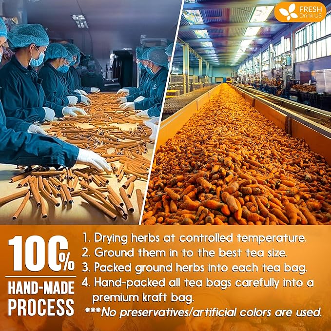 FreshDrinkUS, Premium 135 Turmeric Cinnamon Tea Bags, 100% Natural, Blend of Turmeric, and Cinnamon. Made with Natural Material Tea Bags. No Sugar. No Caffeine. Vegan.