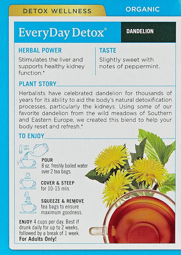 Traditional Medicinals Tea, Organic EveryDay Detox Dandelion, Supports Healthy Liver & Kidney Function, Detox, 16 Tea Bags