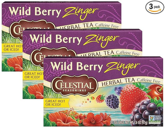 Celestial Seasonings Wild Berry Zinger Herbal Tea, Caffeine Free, 20 Tea Bags Box (Pack of 3)