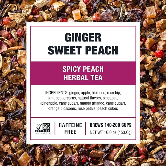 Tiesta Tea - Ginger Sweet Peach, Spicy Peach Herbal Tea, Tranquility Blend | Loose Leaf | Non-Caffeinated Hibiscus & Cane Sugar | Brews Up to 200 Cups | 16oz Bulk Pouch