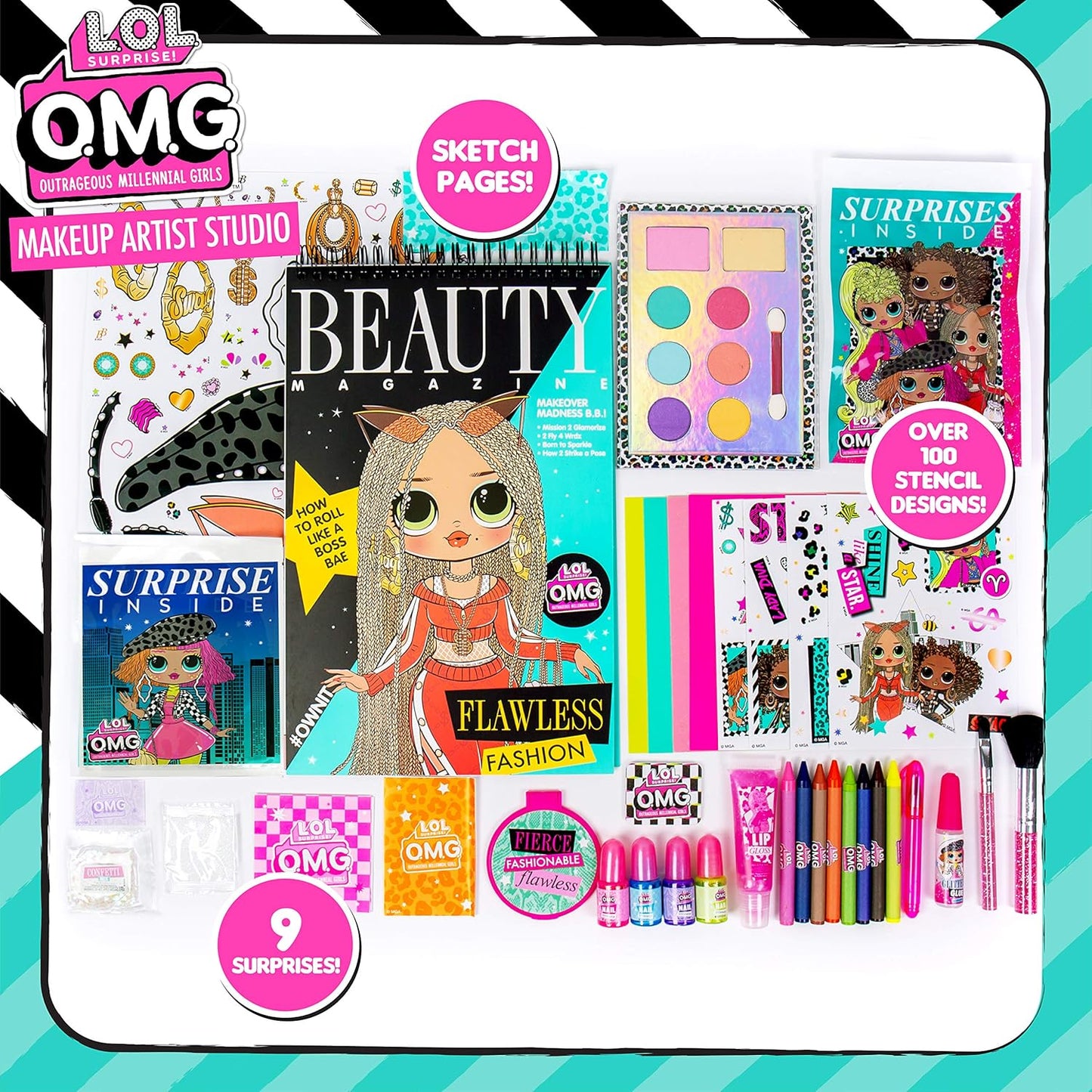 Horizon Group USA LOL OMG Make Up Artist Studio, DIY Craft Kit, Design with Brushes, Crayons & Stickers.Use Stencils to Color in Make-Up.Nail Polish, Decals & Surprise Blind Bags Included